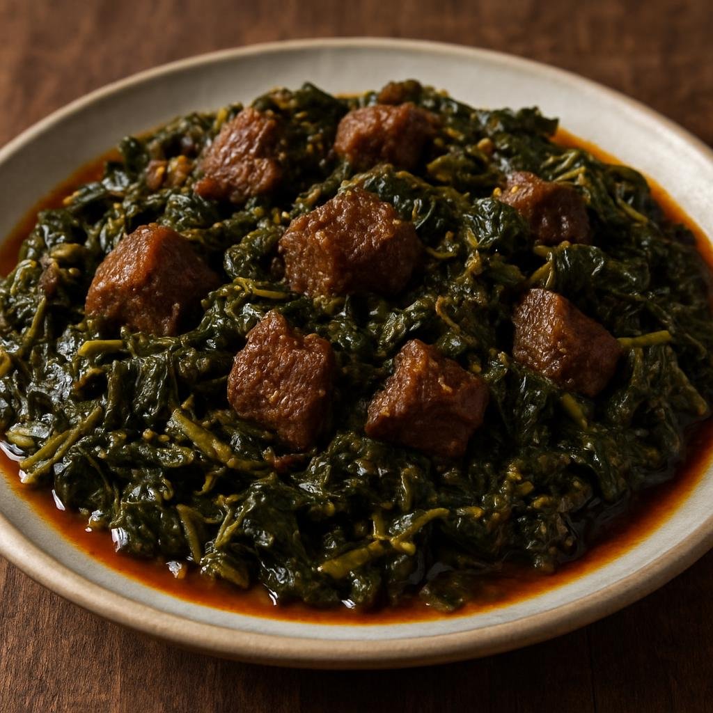Entree: Ethiopia – Harar – ጎመን በስጋ ➤ Gomen be Siga (Ethiopian stewed collard greens cooked with seasoned beef in spiced clarified butter) recipe