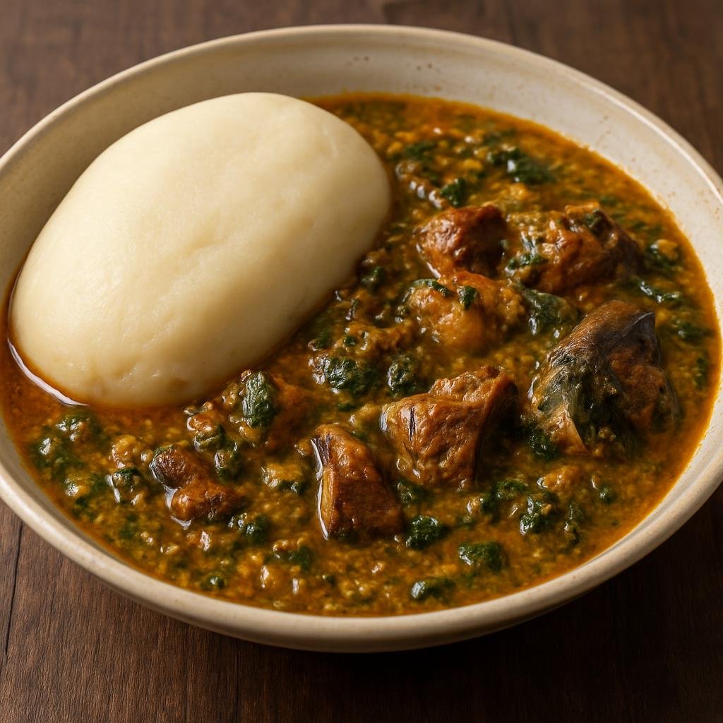 Entree: Nigeria – Middle Belt – Fufu and Ogbono Soup (Starchy cassava fufu served with a thick, savory soup made from ground ogbono seeds, meat, smoked fish, and leafy greens) recipe