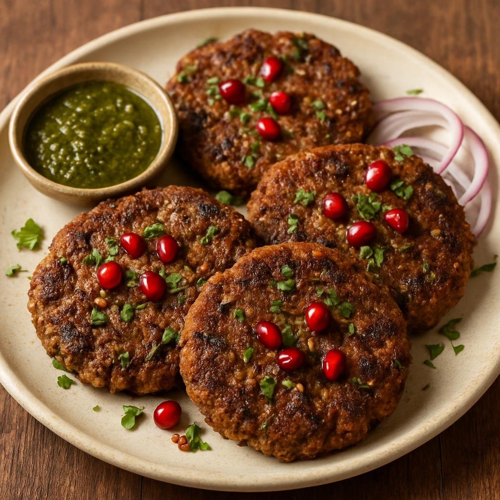 Entree: Pakistan – Mughlai Pakistani – چپلی کباب ➤ Chapli Kebab (Flat, pan-fried spiced minced meat patties flavored with herbs, seeds, and pomegranate tang) recipe