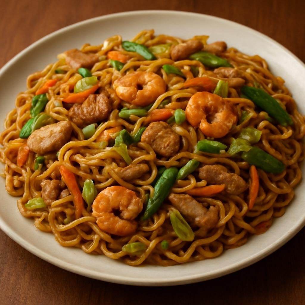 Entree: Philippines – Tagalog / Manila – Pancit Canton (Stir-fried egg noodles with mixed meats and vegetables in a savory soy-and-oyster sauce, common in Filipino home cooking) recipe