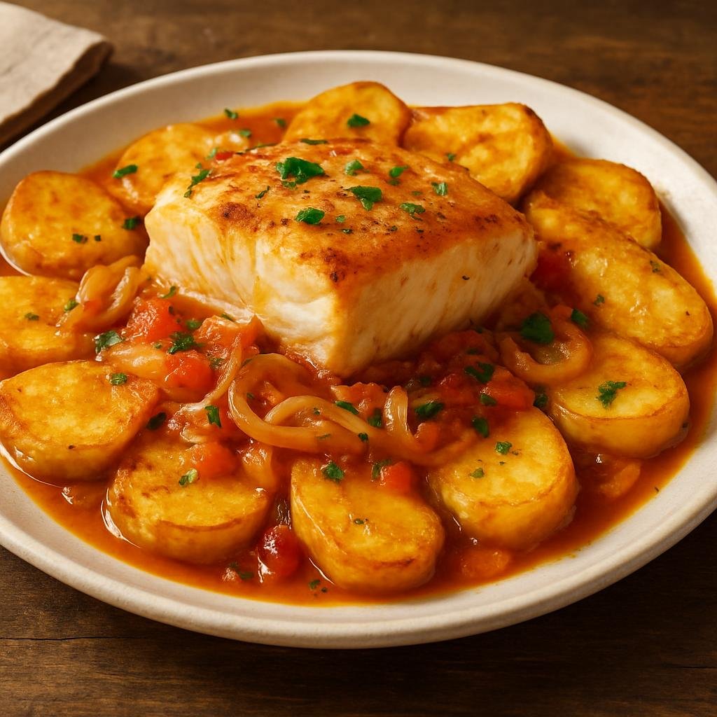 Entree: Portugal – Porto & North – Bacalhau à Braga (Salted cod braised with onions, tomatoes and fried potatoes from Braga) recipe
