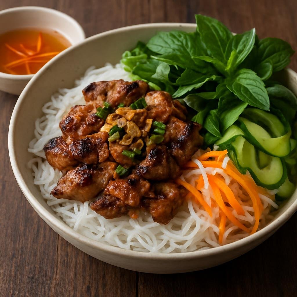 Entree: Vietnam – Saigon / Ho Chi Minh City – Bún Thịt Nướng (Grilled marinated pork served over rice vermicelli with fresh herbs and a sweet-sour fish sauce dressing) recipe