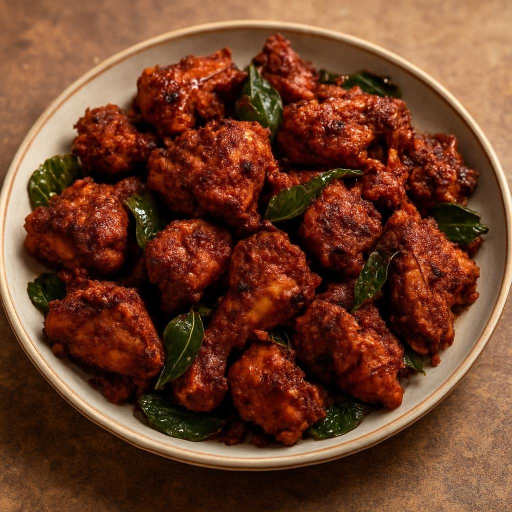 Entree: India – Chettinad – கரைக்குடி சிக்கன் ஃப்ரை ➤ Karaikudi Chicken Fry (Spicy Chettinad pan-fried chicken pieces cooked in a roasted spice masala with curry leaves) recipe