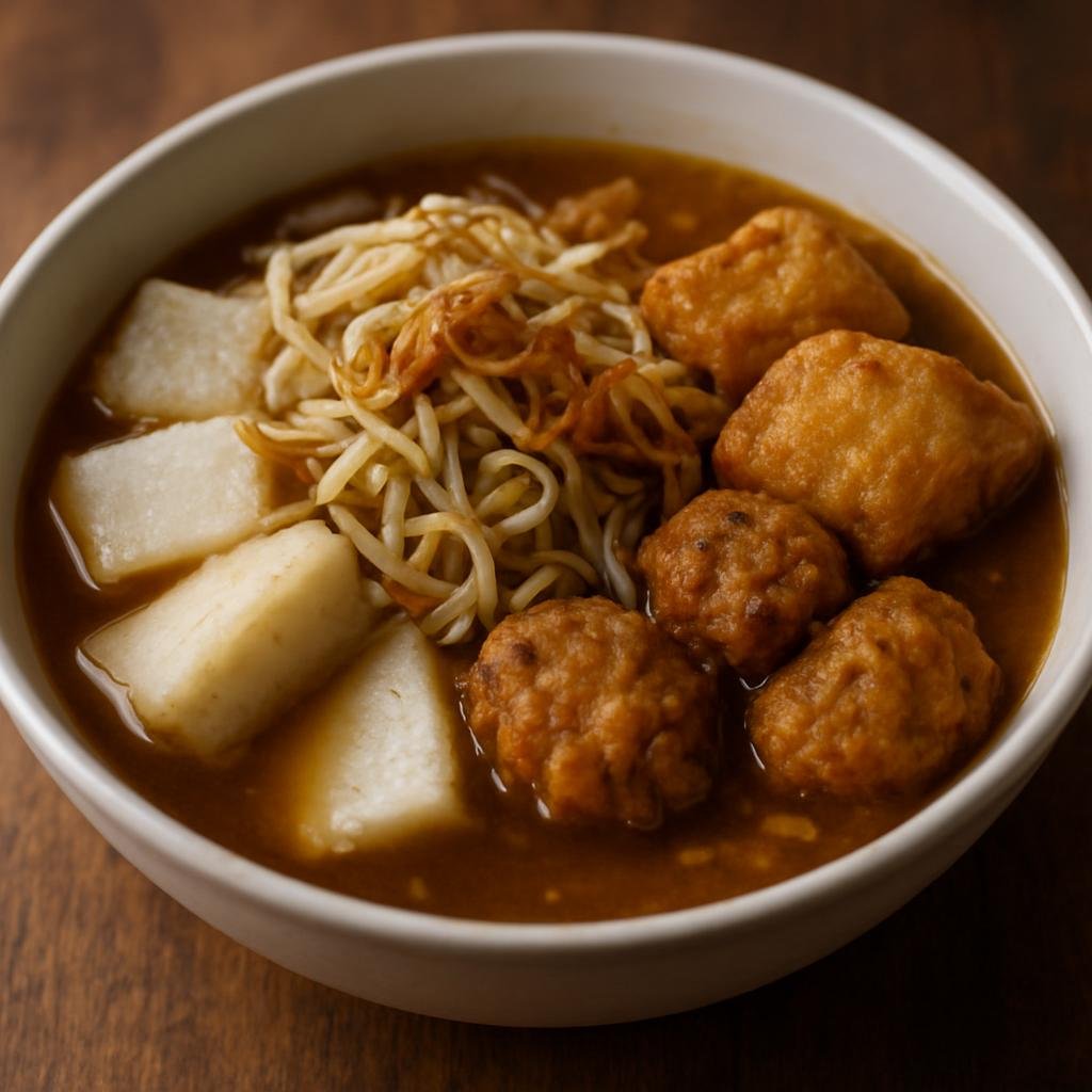 Entree: Indonesia – East Java – Lontong Balap (East Javanese compressed rice cakes served in a savory-sweet broth with bean sprouts, fried tofu, and lentho fritters) recipe