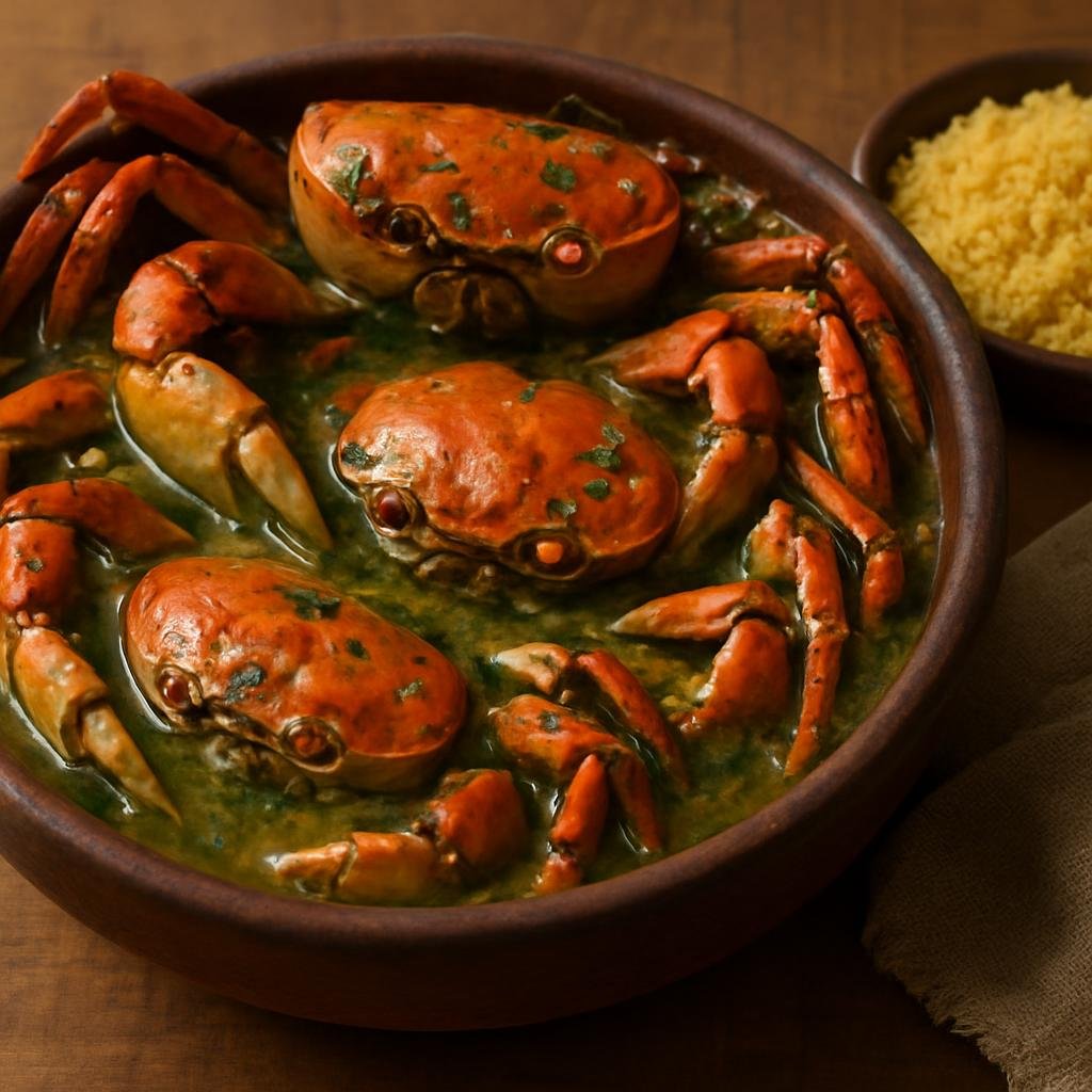 Entree: Brazil – Espirito Santo – Caranguejada (Traditional Espirito Santo crab feast of whole crabs cooked in a garlicky, herb-scented broth served with farofa) recipe