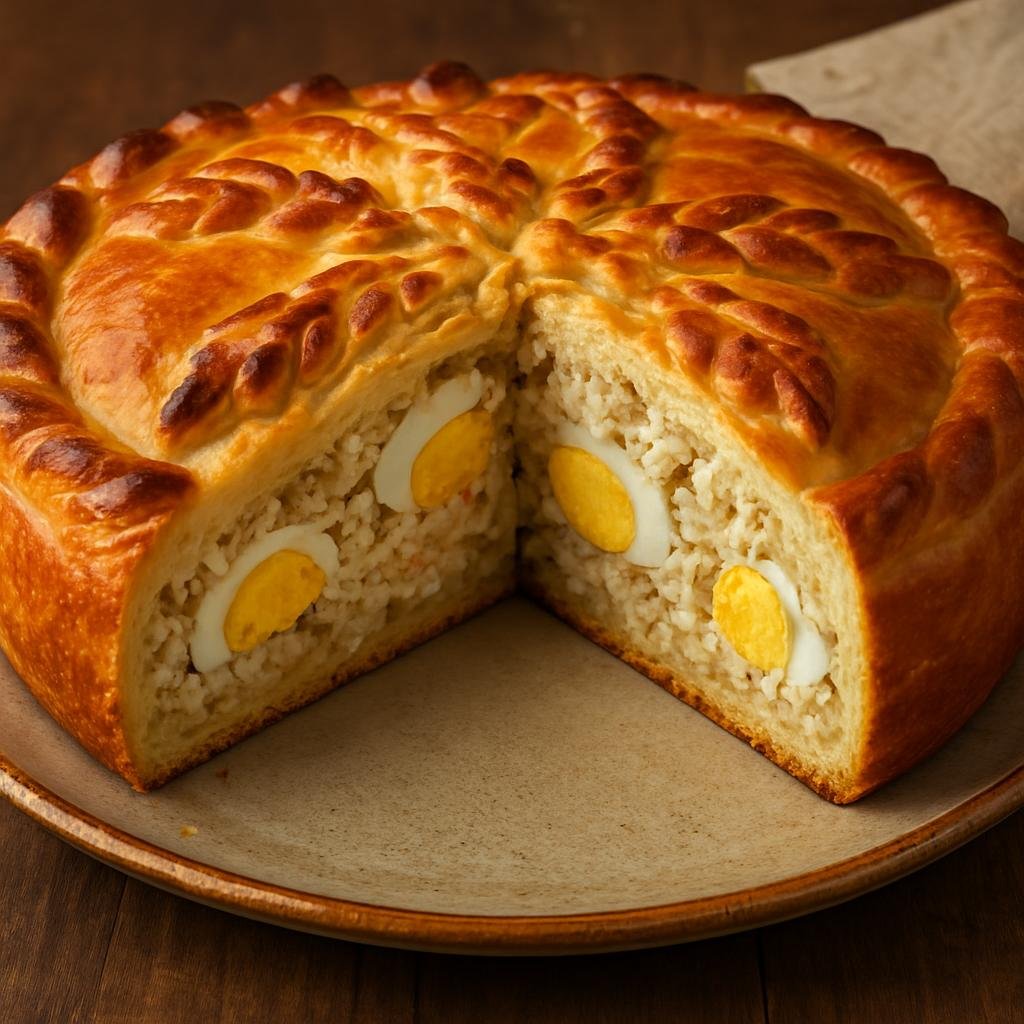 Entree: Russia – Far East Russia – Сахалинский рыбный пирог ➤ Sakhalinskiy rybnyy pirog (Baked yeast‑dough pie filled with flaked fish, rice, and hard‑boiled eggs) recipe