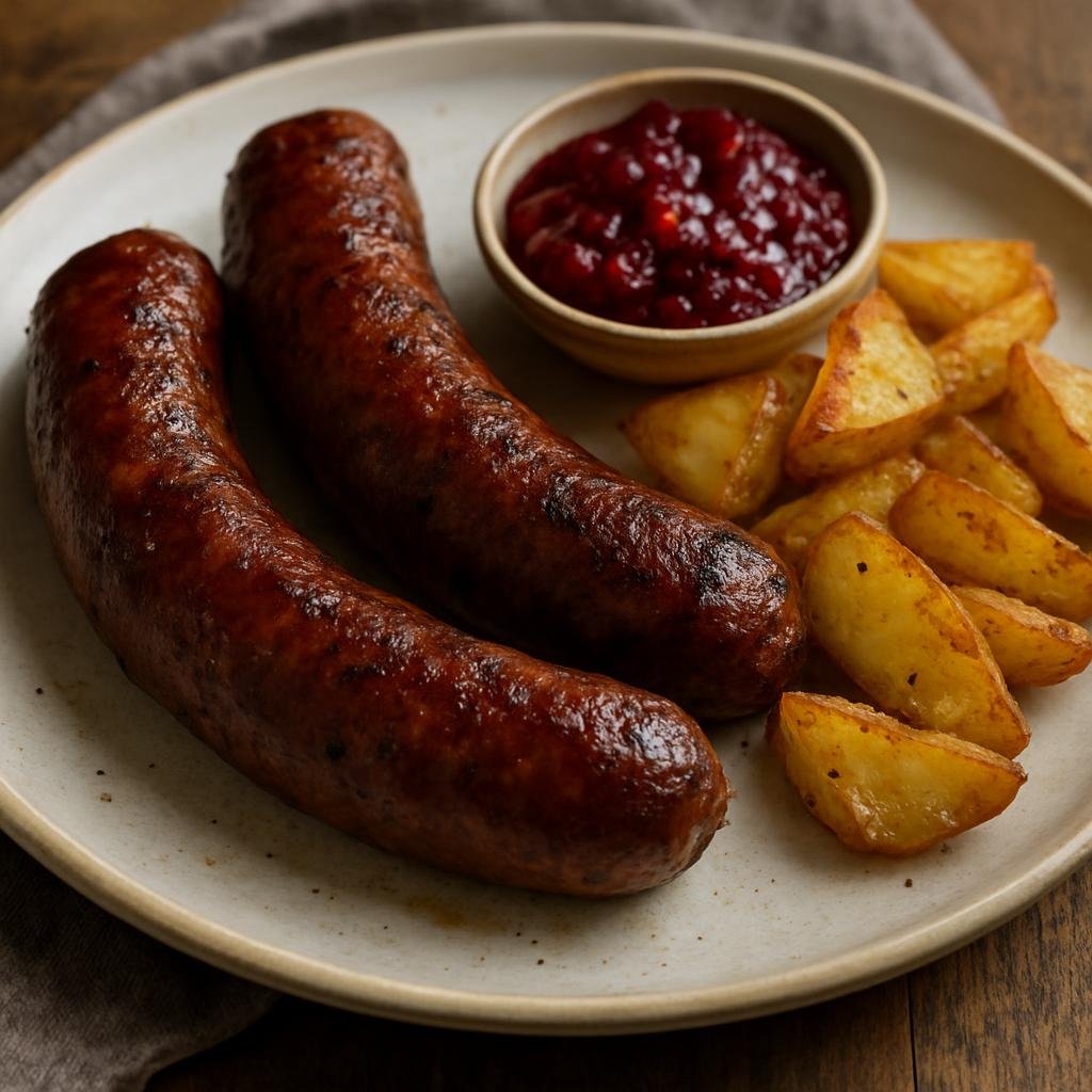 Entree: Canada – Northern Canada – Reindeer Sausage (Pan-seared or smoked sausages made from reindeer meat, a hearty Northern Canadian staple) recipe
