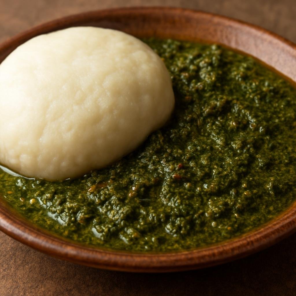 Entree: Nigeria – Middle Belt – Tuwo Shinkafa and Miyan Kuka (Soft rice dumplings served with a savory soup made from powdered baobab leaves) recipe