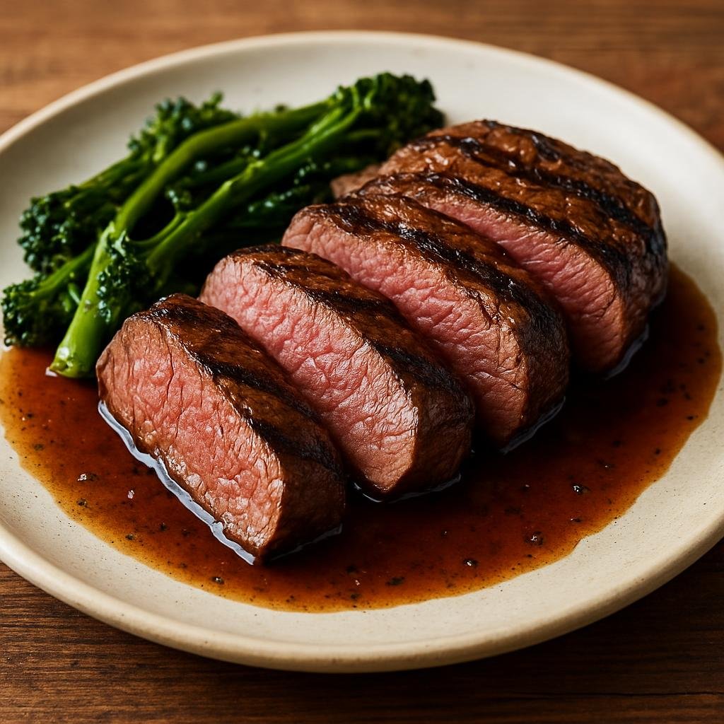 Entree: Australia – Sydney & New South Wales – Grilled Kangaroo Fillet (Lean kangaroo loin fillets marinated and chargrilled, finished with a savory pan sauce) recipe