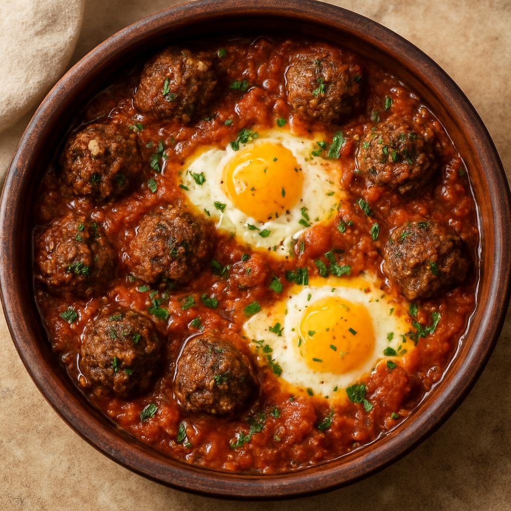 Entree: Morocco – Rif Mountains – كفتة مكاورة ➤ Kefta Mkaouara (Moroccan spiced meatballs braised in a tomato sauce and finished with baked eggs) recipe