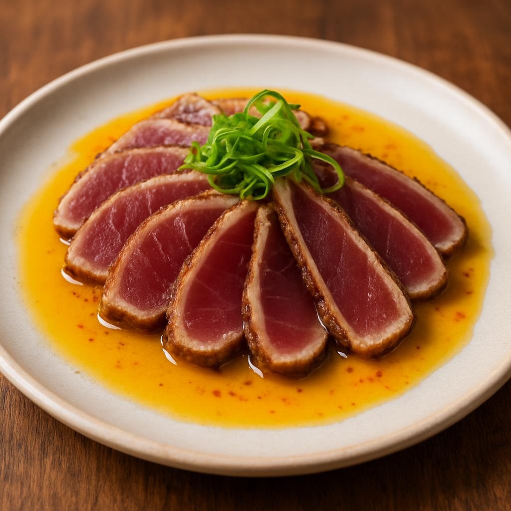 Entree: Peru – Nikkei Peruvian – Nikkei Tuna Tataki (Lightly seared tuna sliced thin and served with a Japanese-Peruvian soy-citrus and aji amarillo dressing) recipe