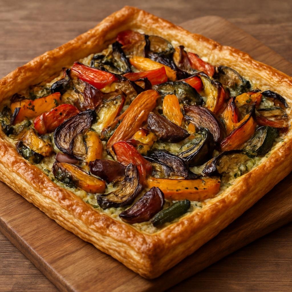 Entree: United States – California Wine Country – Roasted Vegetable Tart (A savory open-faced pastry filled with roasted seasonal vegetables, herbed cheese, and a custardy binding) recipe