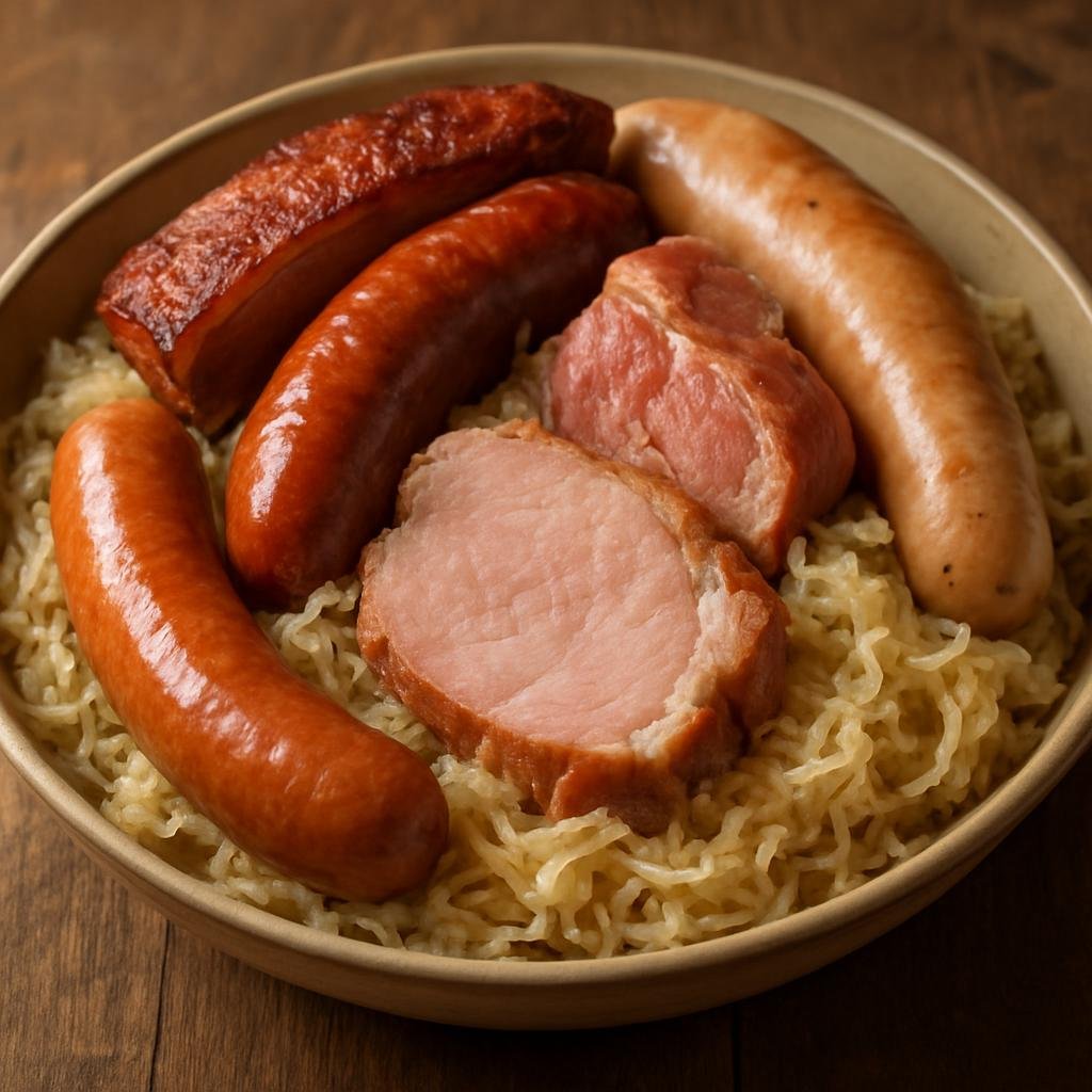Entree: France – Central Culinary Region – Choucroute Garnie (Alsatian-style slow-braised sauerkraut served with an assortment of pork cuts and sausages) recipe