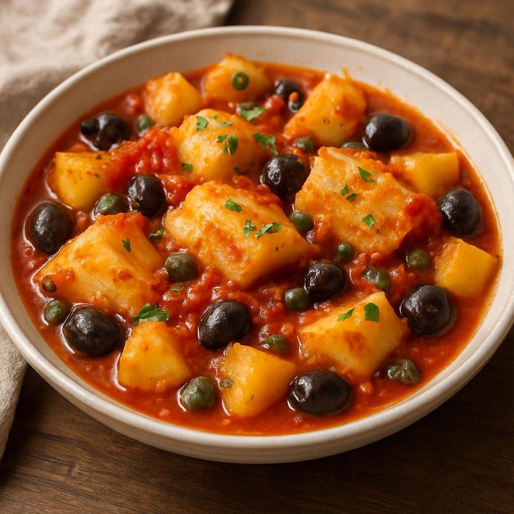 Entree: Italy – Friuli-Venezia Giulia – Baccalà alla Triestina (Salted cod stewed with potatoes, tomatoes, olives, and capers in a simple Triestine coastal style) recipe