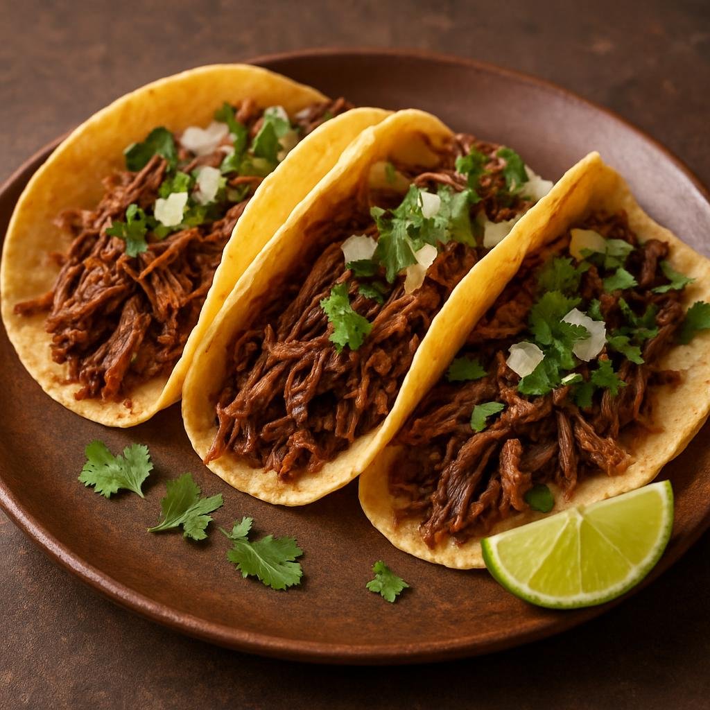 Entree: Mexico – Jalisco – Tacos de Barbacoa (Slow-braised spiced beef barbacoa served shredded in warm corn tortillas with onion, cilantro, and lime) recipe