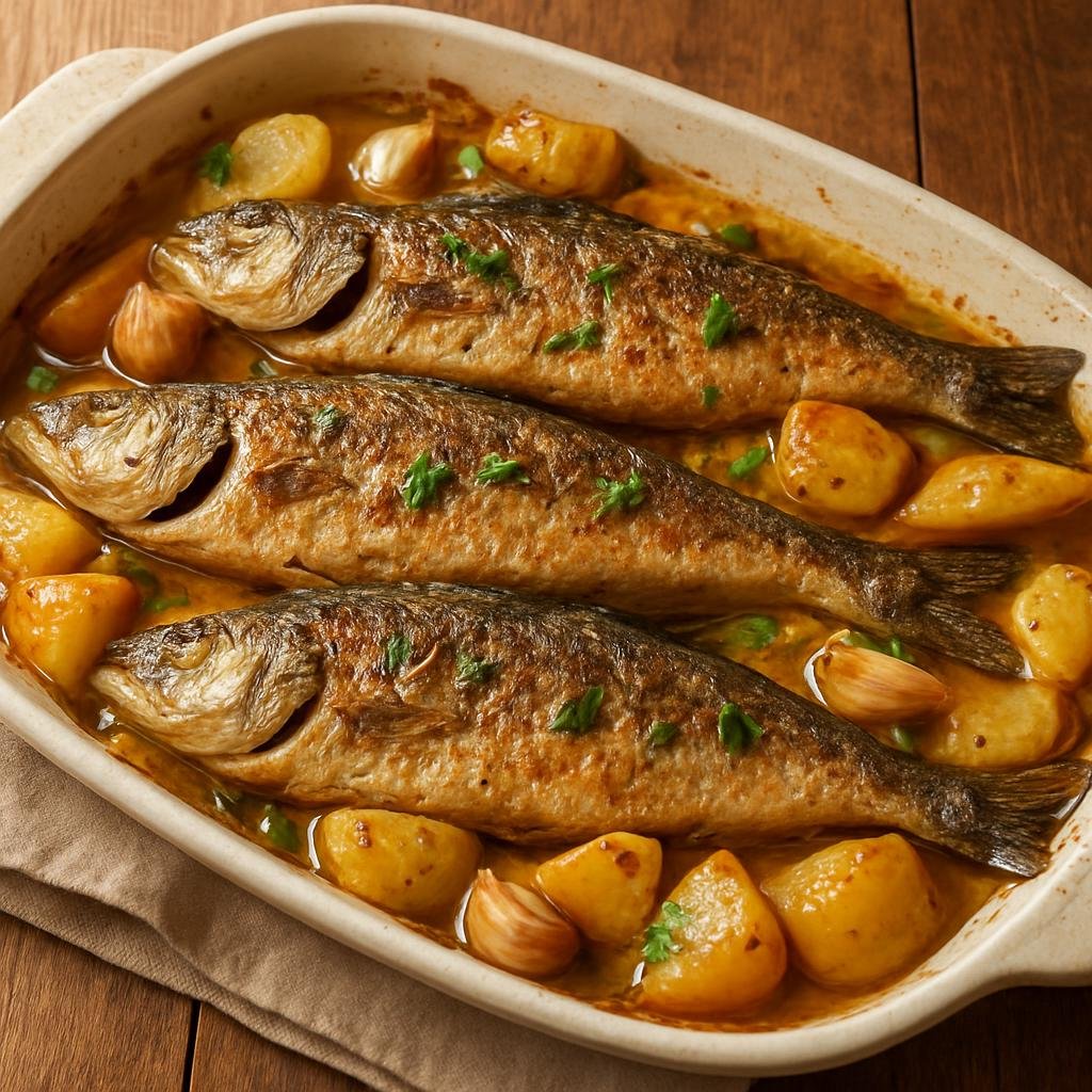 Entree: Spain – Cantabria – Jargo al Horno (Oven-baked local Cantabrian fish roasted with garlic, olive oil, white wine, and potatoes) recipe