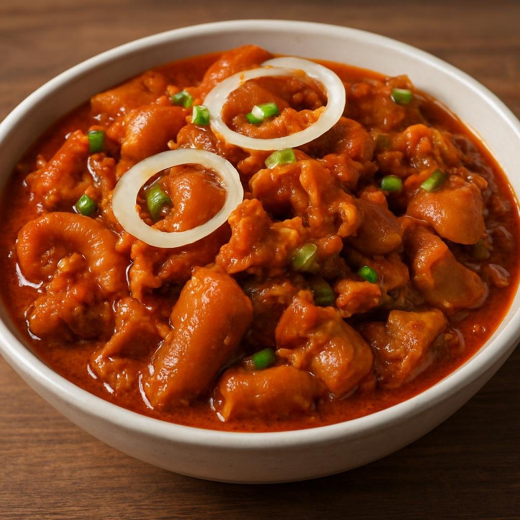 Entree: Nigeria – Middle Belt – Nkwobi (Spicy palm-oil cow foot and offal tossed in a thick savory sauce) recipe