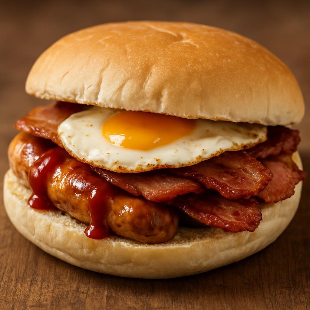 Entree: United Kingdom – Northern Ireland – Belfast Bap (Large soft bread roll used for hearty filled sandwiches, often served with fried bacon, sausages, egg, and condiments) recipe