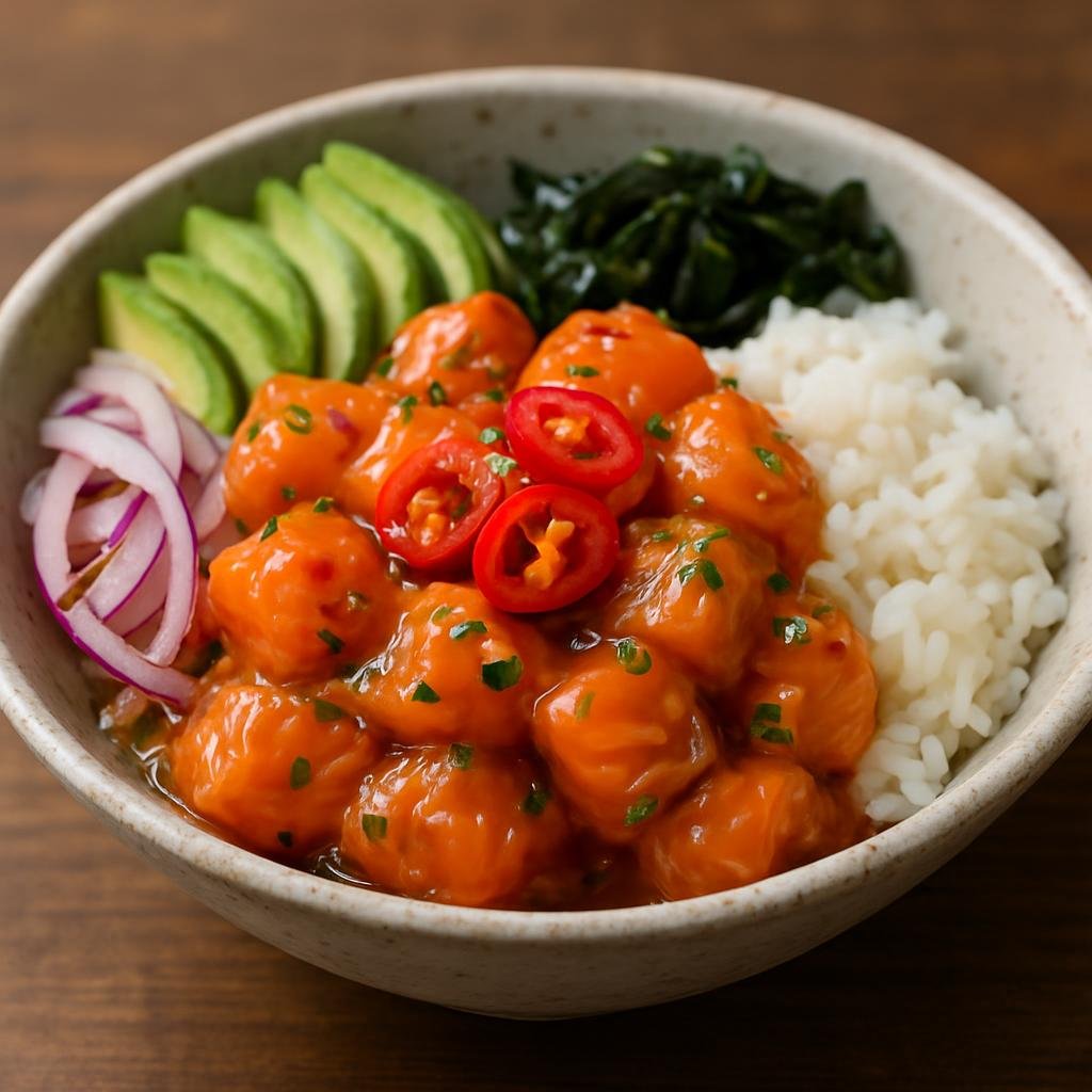 Entree: Peru – Nikkei Peruvian – Nikkei Salmon Poke (A Japanese-Peruvian marinated raw salmon bowl combining sashimi-style fish with Peruvian citrus and chili flavors) recipe