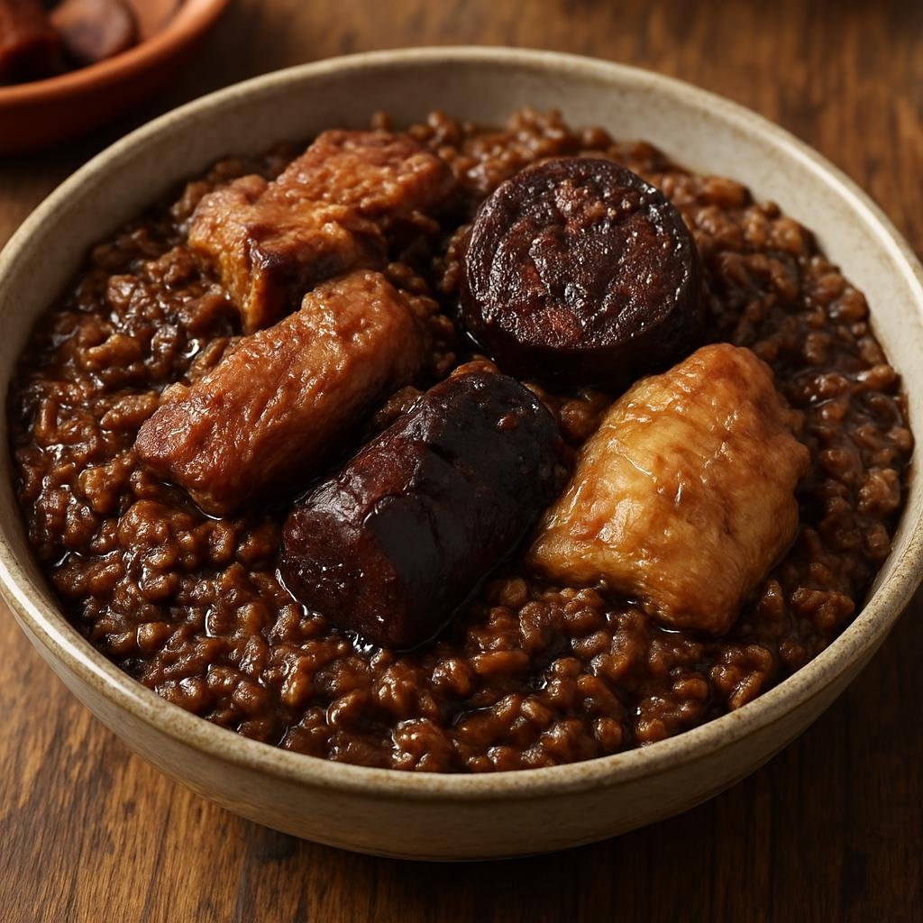 Entree: Portugal – Porto & North – Arroz de Sarrabulho (Northern Portuguese savory brown rice made with pork, chicken, and blood sausage) recipe