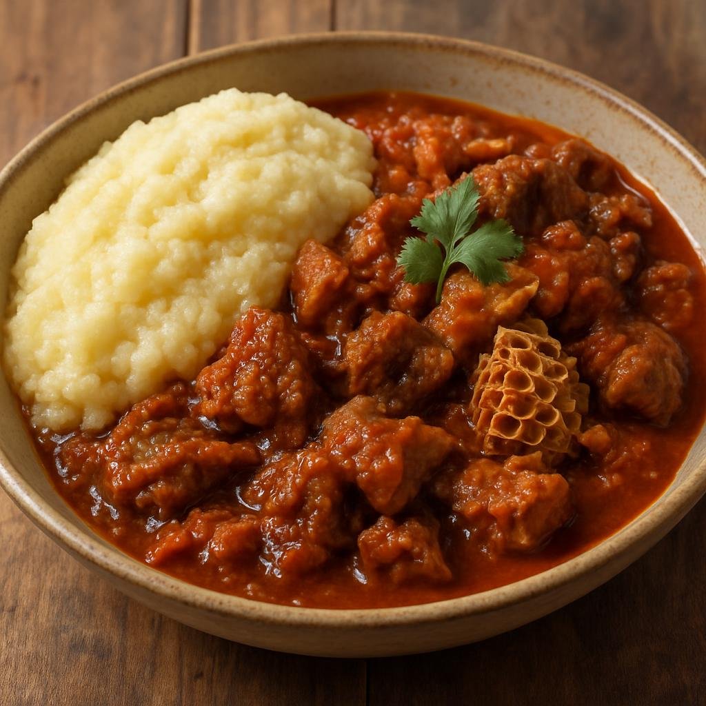 Entree: South Africa – Xhosa Cuisine – Ulusu (Hearty Xhosa-style braised beef tripe stew served with maize porridge) recipe