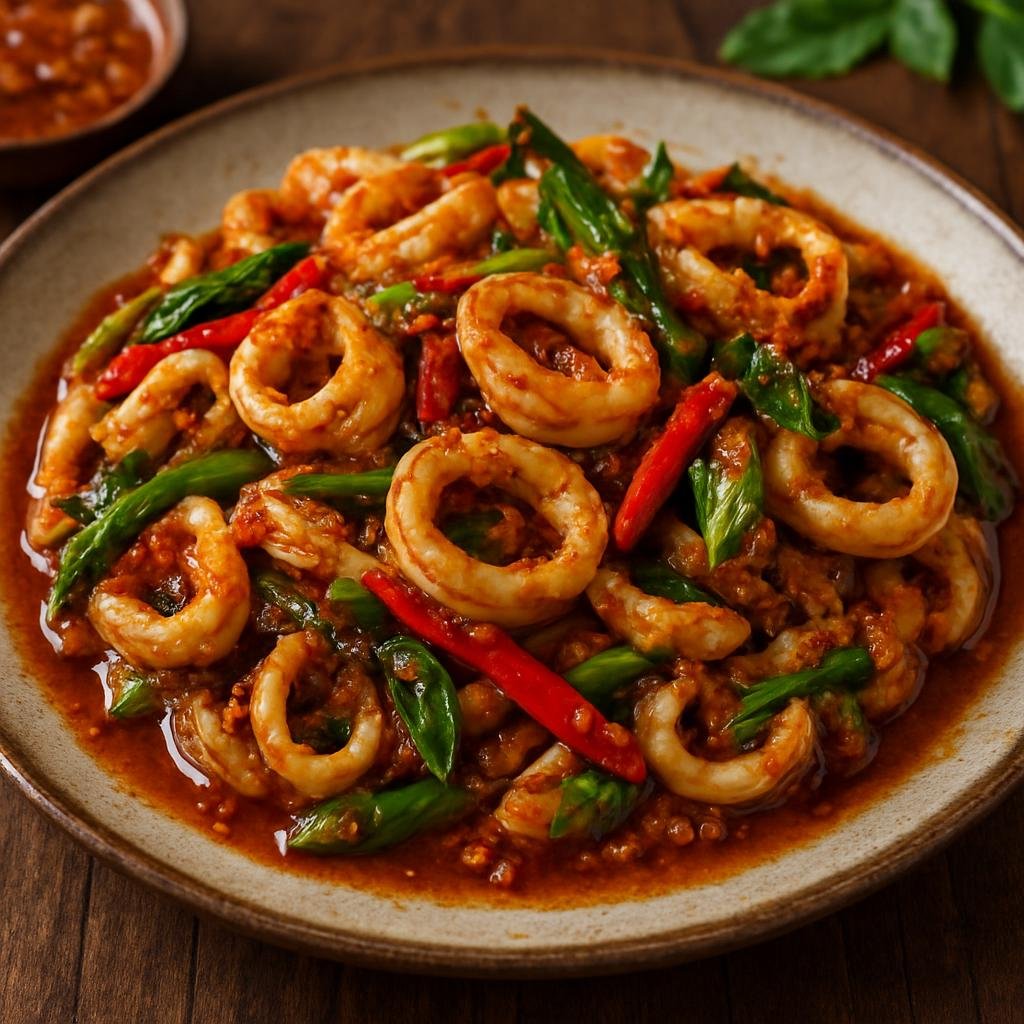 Entree: Thailand – Southern Thailand – ปลาหมึกผัดกะปิ ➤ Pla muek phat kapi (Southern Thai stir-fried squid seasoned with shrimp paste, chilies, and aromatics) recipe