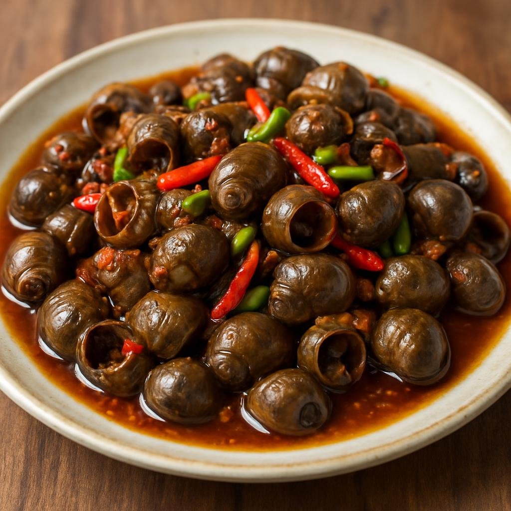 Entree: China – Guangxi – 梧州炒田螺 ➤ Wuzhou chao tianluo (Stir-fried freshwater snails in a savory-spicy Guangxi-style sauce) recipe