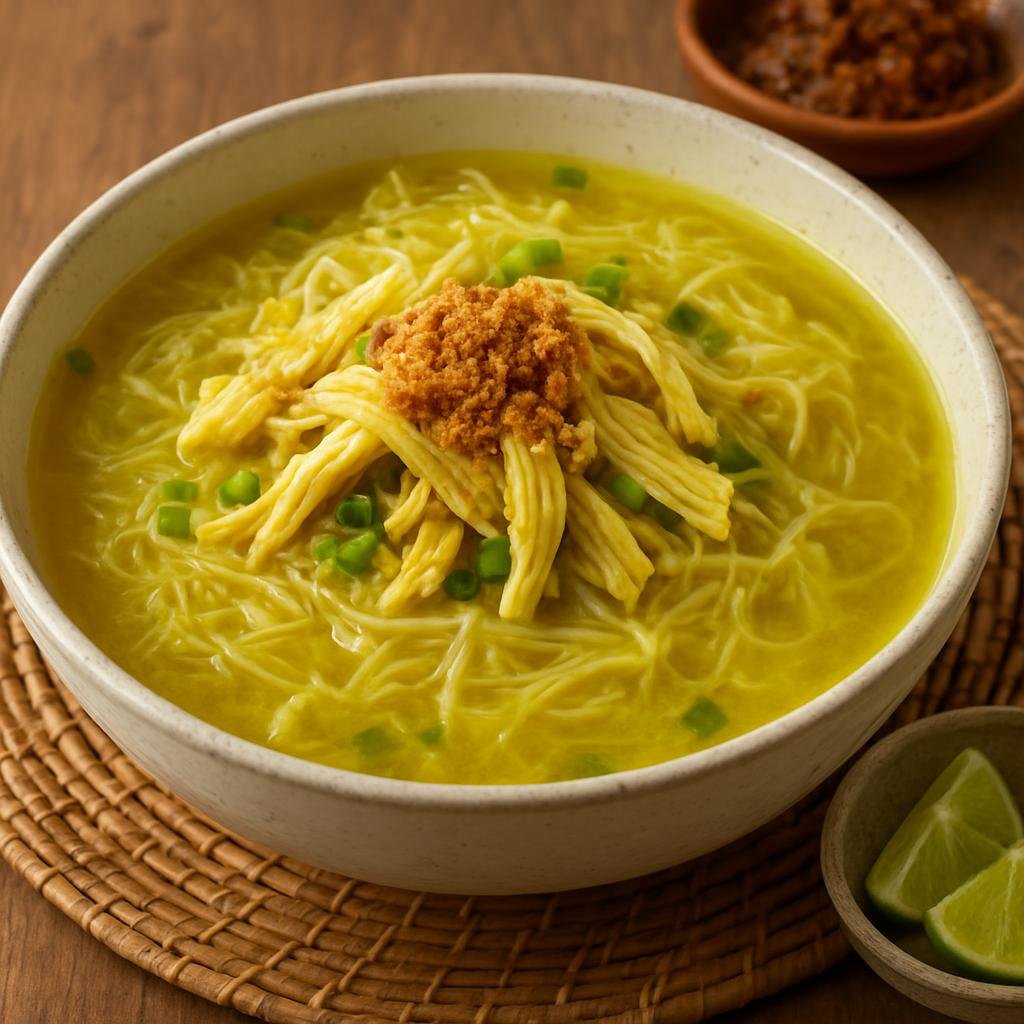 Entree: Indonesia – East Java – Soto Lamongan (Javanese clear turmeric chicken soup with shredded chicken, rice vermicelli, and crunchy koya topping) recipe