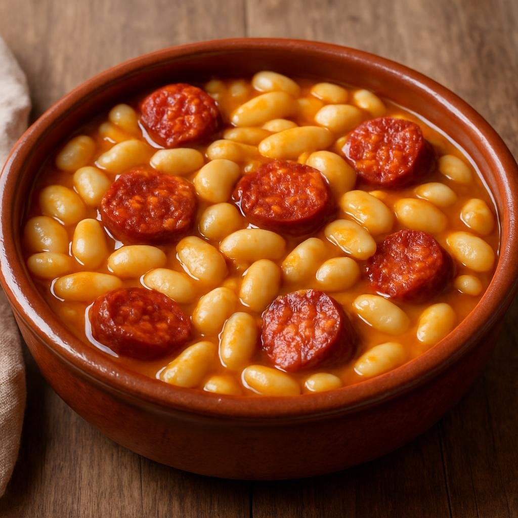 Entree: Spain – Cantabria – Caricos con Chorizo (Stewed white beans simmered with Spanish chorizo) recipe