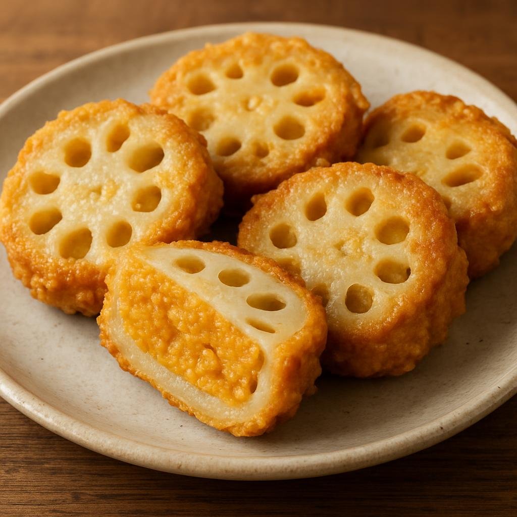 Entree: Japan – Kyushu – 辛子蓮根 ➤ Karashi renkon (Lotus root stuffed with spicy mustard-miso, battered and fried) recipe