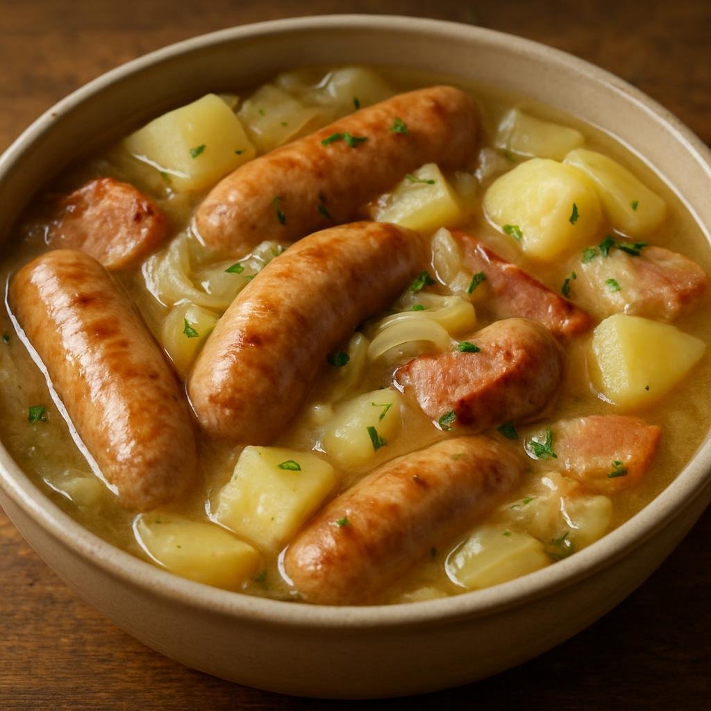 Entree: United Kingdom – Northern Ireland – Coddle (Hearty Irish stew of sausages, back bacon, potatoes, and onions simmered in a savory broth) recipe