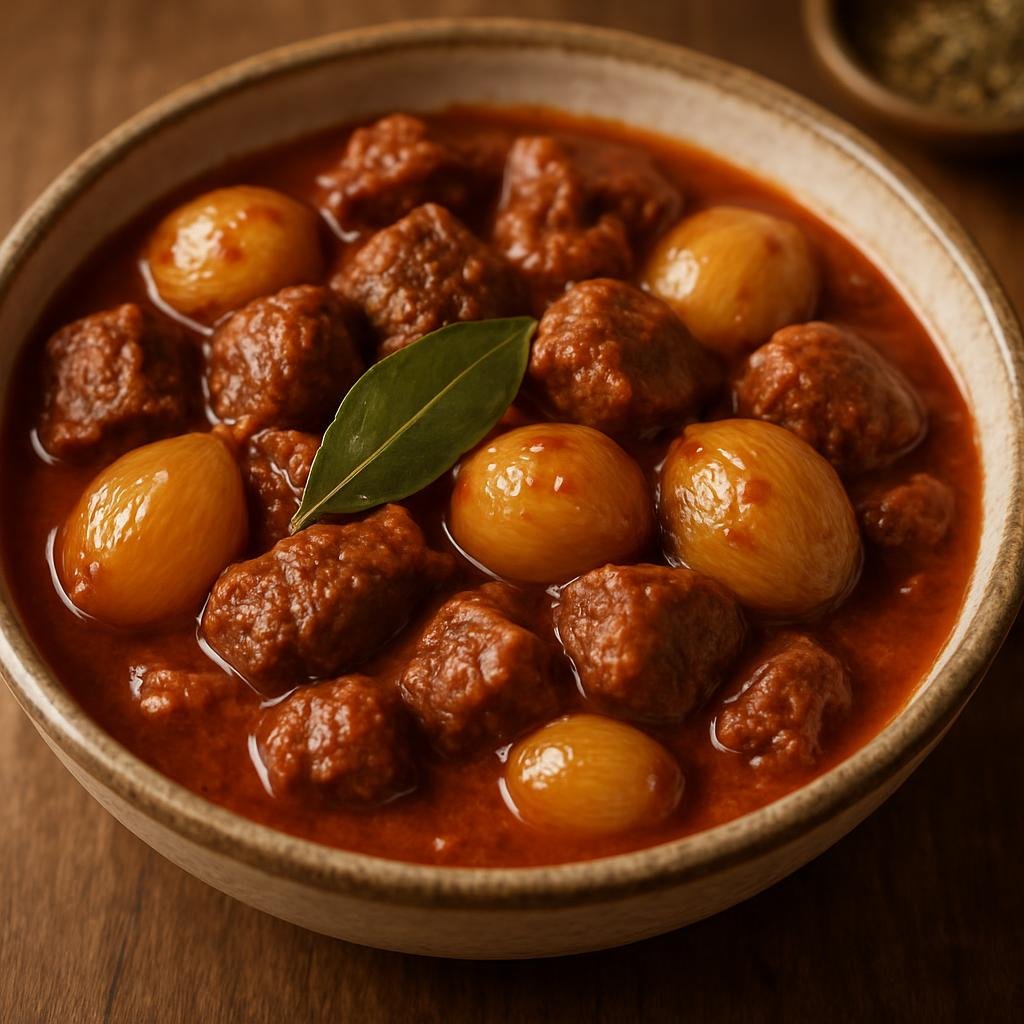 Entree: Greece – Macedonia / Northern Greece – στιφάδο ➤ stifádo (Slow-braised onion and beef stew cooked in spiced red wine and tomato) recipe