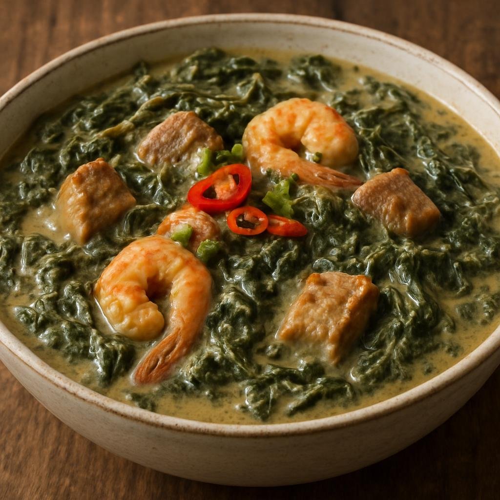 Entree: Philippines – Tagalog / Manila – Laing (Stewed taro leaves in rich coconut milk with aromatics and pork or shrimp) recipe