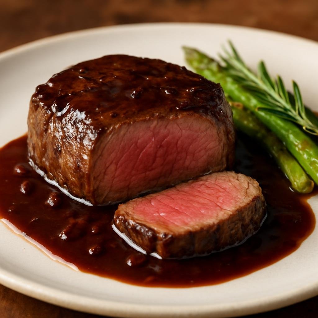 Entree: United States – California Wine Country – Beef Tenderloin with Bordelaise Sauce (Pan-seared beef tenderloin steaks served with a classic red wine and bone marrow Bordelaise sauce) recipe