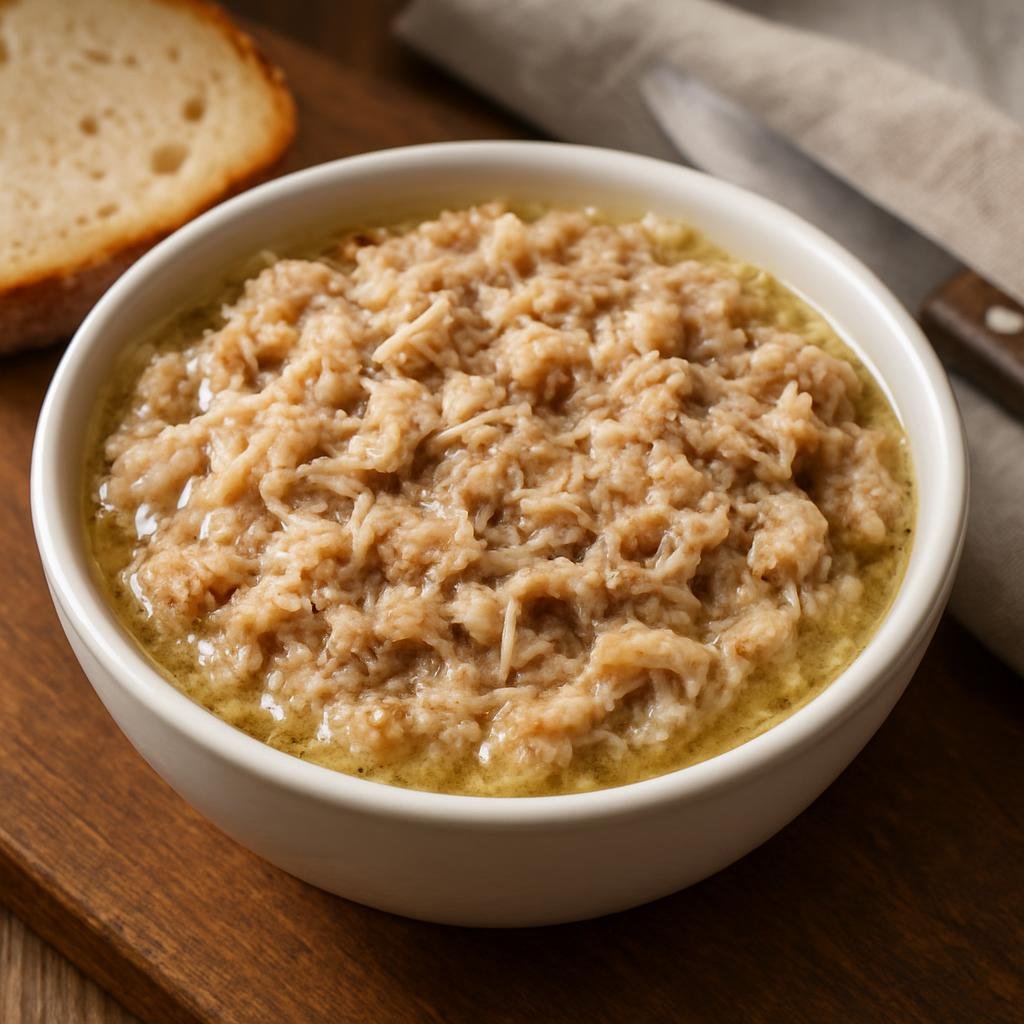 Entree: France – Central Culinary Region – Rillettes de Tours (Slow-cooked, shredded pork preserved in its fat to create a rich coarse spread) recipe
