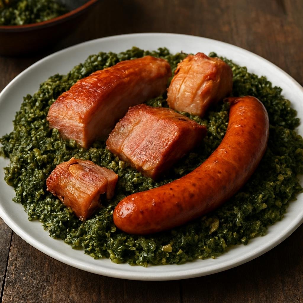 Entree: Germany – Lower Saxony – Kohl und Pinkel (Braised curly kale stewed with smoked Pinkel sausage and smoked pork, a hearty Lower Saxony winter dish) recipe