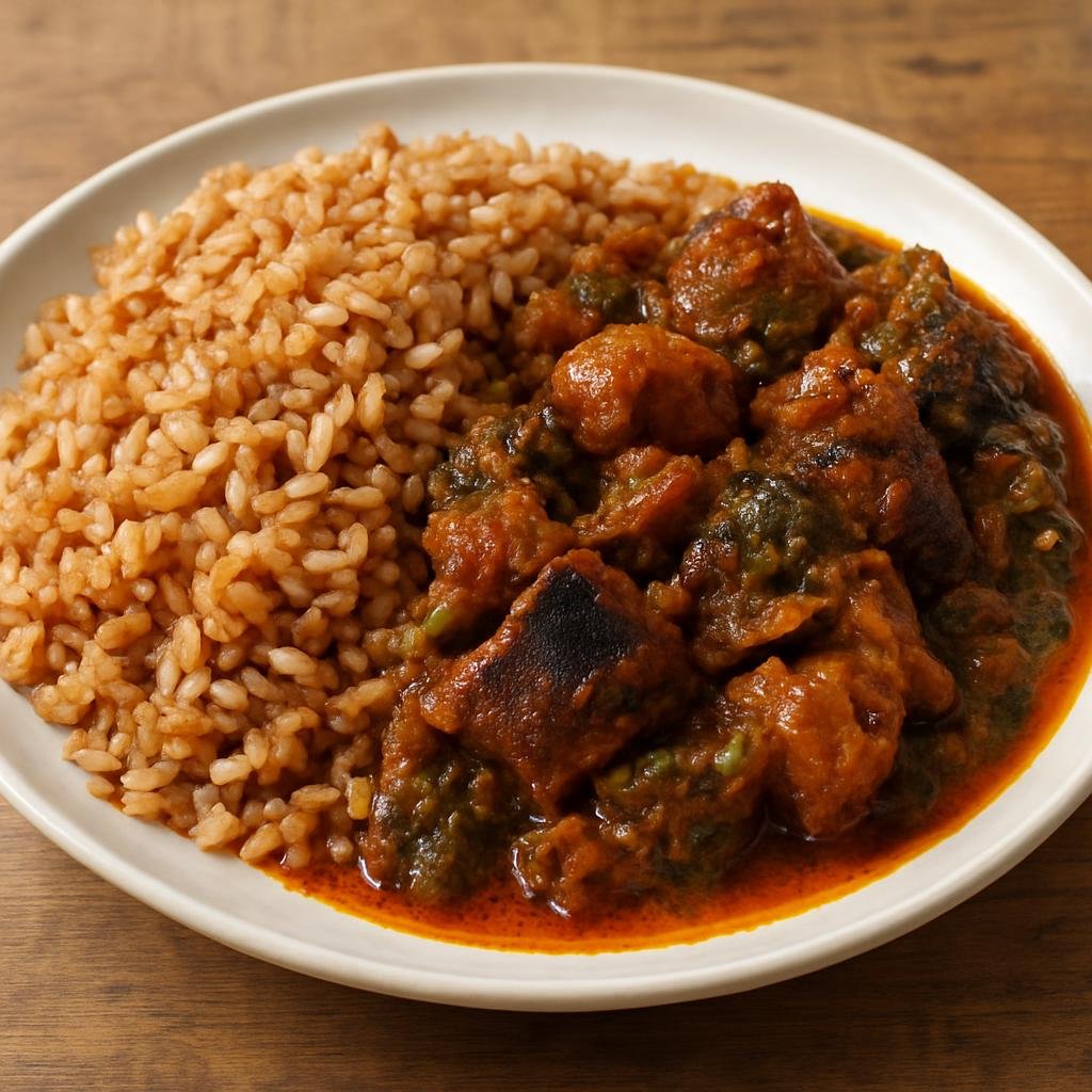 Entree: Nigeria – Middle Belt – Ofada Rice and Ayamase Sauce (Unpolished local rice served with a fiery green pepper and palm-oil stew with assorted meats) recipe