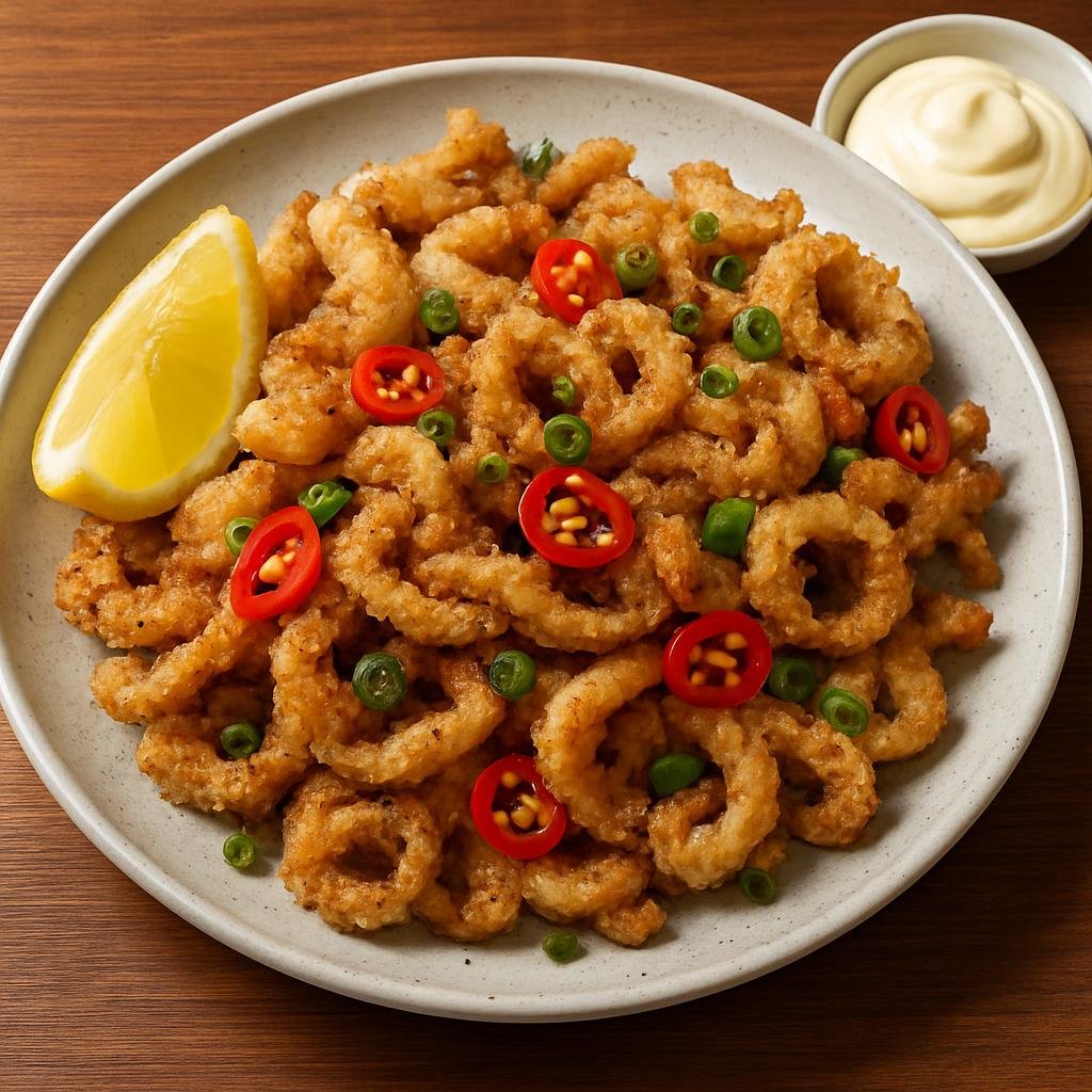 Entree: Australia – Sydney & New South Wales – Salt and Pepper Squid (Crispy deep-fried squid tossed with salt, black pepper, chilies and scallions served with lemon and garlic aioli) recipe