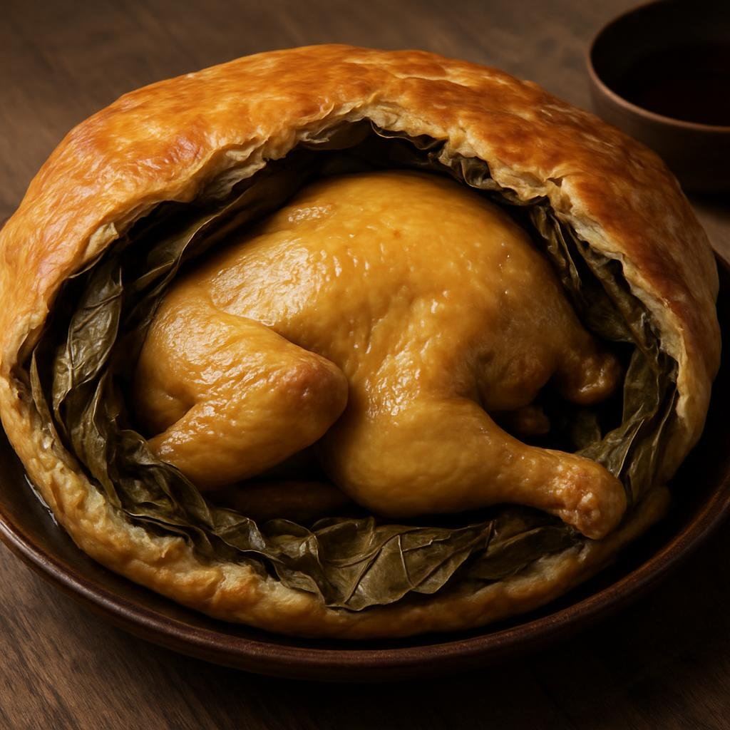 Entree: China – Zhejiang – 叫化鸡 ➤ Jiàohuā jī (Whole chicken marinated, wrapped in lotus leaves and a dough crust, then slow-baked until moist and aromatic) recipe
