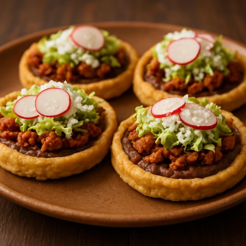 Entree: Mexico – Jalisco – Sopes (Thick pinched masa cakes topped with beans, savory meat, fresh vegetables and cheese) recipe