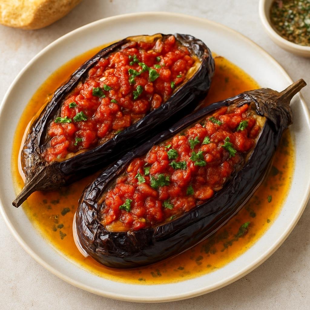 Entree: Turkey – Istanbul – Imam Bayildi (Whole eggplants stuffed with a garlicky onion and tomato filling, slowly braised in olive oil) recipe