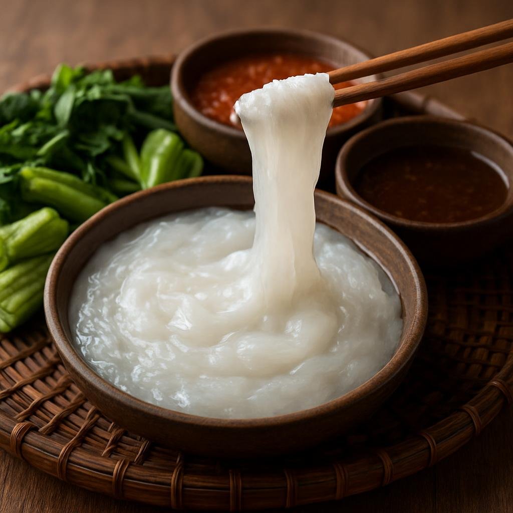 Entree: Malaysia – Sabah – Ambuyat (Sticky, neutral-flavored sago starch dough eaten by dipping into savory and tangy sauces) recipe