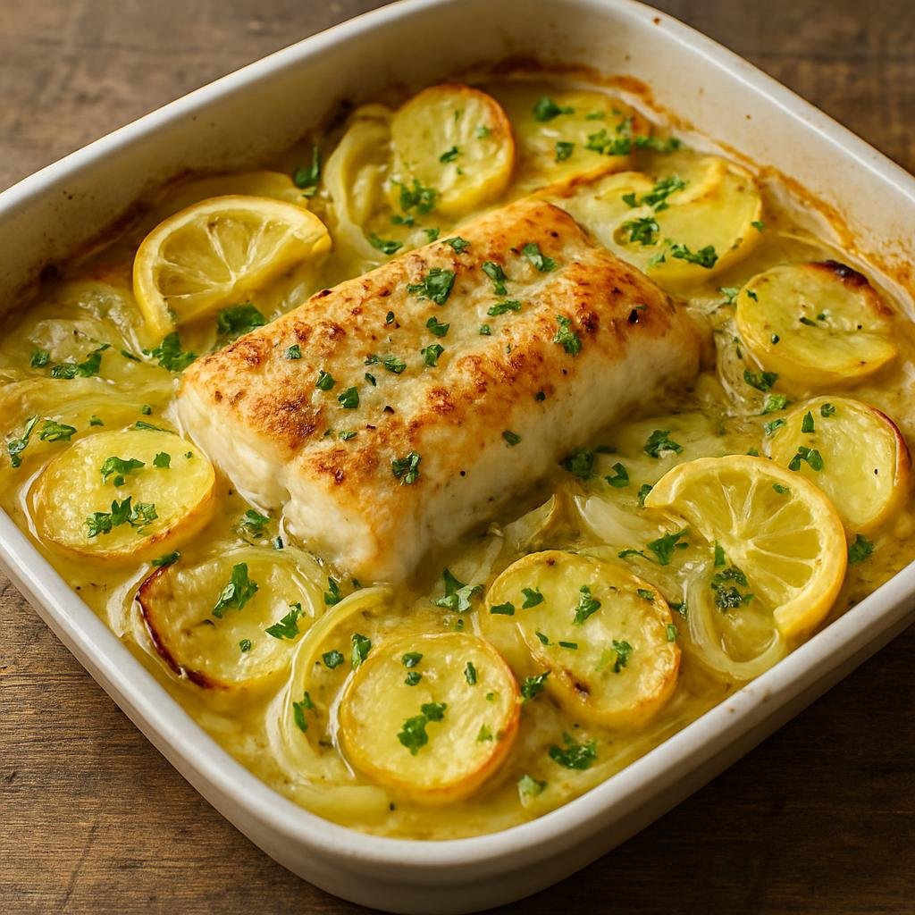 Entree: Chile – Southern Chile – Merluza Austral (Baked southern hake with potatoes, onions, herbs, lemon, and a buttery white-wine sauce) recipe
