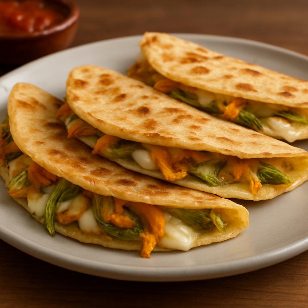 Entree: Mexico – Jalisco – Quesadillas de Flor de Calabaza (Corn tortillas filled with squash blossoms and melted cheese, griddled until golden) recipe