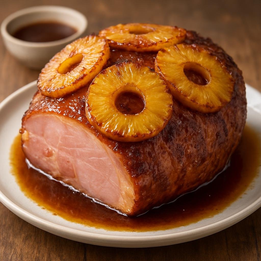 Entree: United Kingdom – Northern Ireland – Gammon and Pineapple (Cured and simmered ham joint glazed and baked with caramelized brown sugar and pineapple rings) recipe