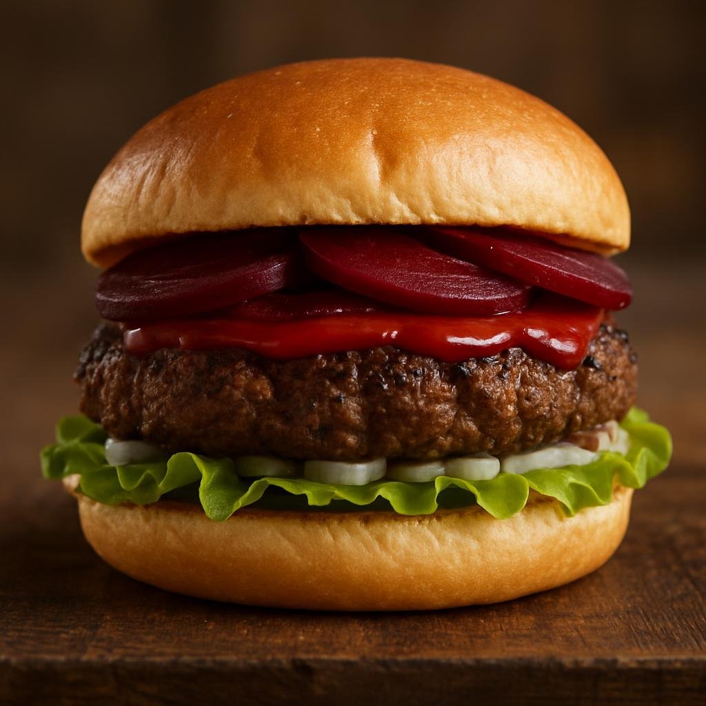 Entree: Australia – Sydney & New South Wales – Beef Burger with Beetroot (Grilled ground beef burger served on a bun topped with sliced beetroot and classic condiments) recipe