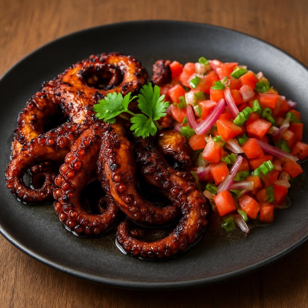 Entree: Peru – Nikkei Peruvian – Nikkei Grilled Octopus (Charred octopus prepared with Peruvian-Japanese marinades and served with a bright Peruvian salsa) recipe
