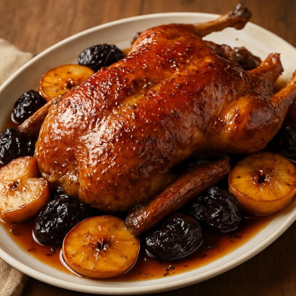 Entree: Poland – Pomerania – Kaszubska Kaczka (Kashubian roast duck cooked with apples, prunes, caraway and a honey glaze) recipe