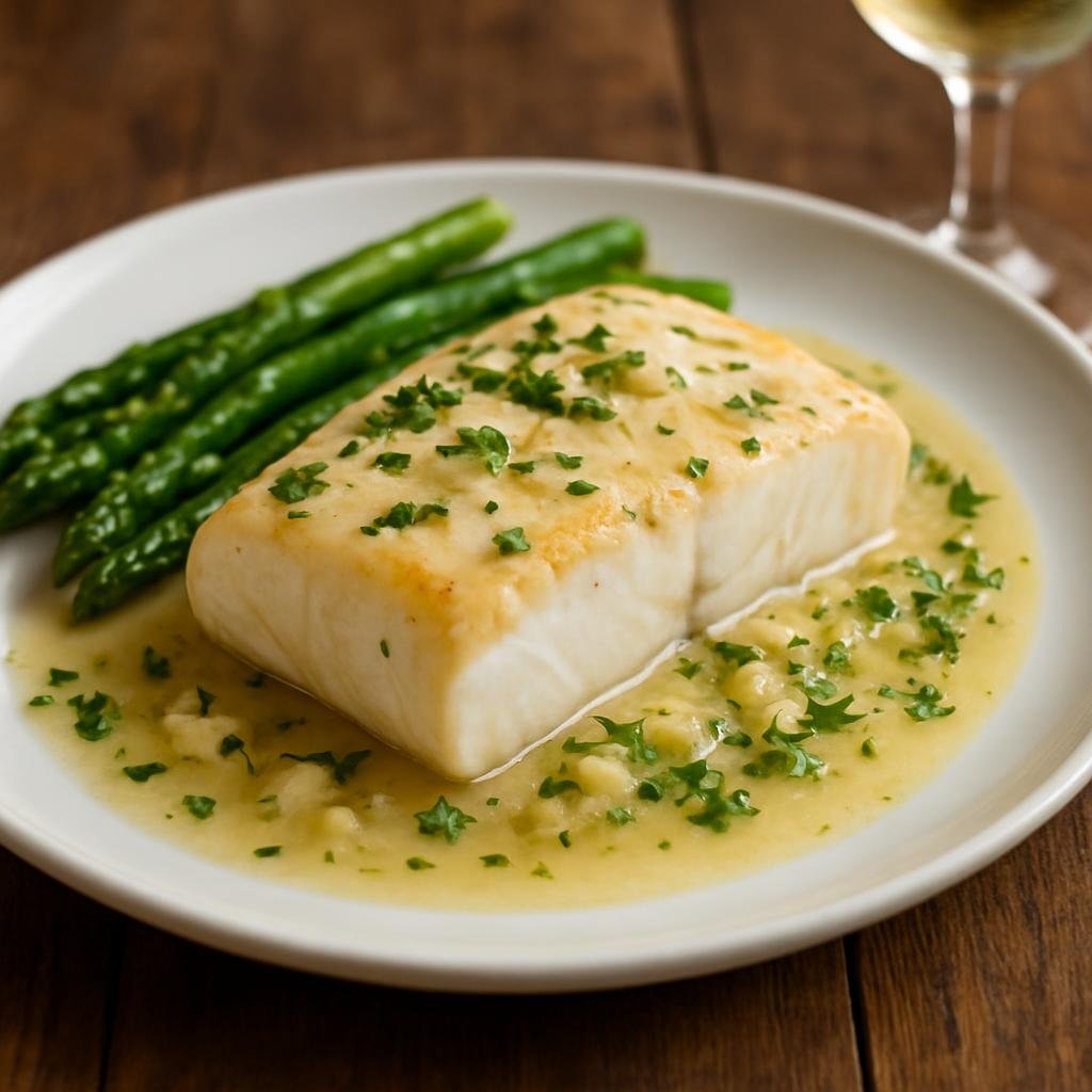 Entree: United States – California Wine Country – Chardonnay-Poached Halibut (Halibut fillets gently poached in Chardonnay with aromatics and finished with a butter-wine sauce) recipe