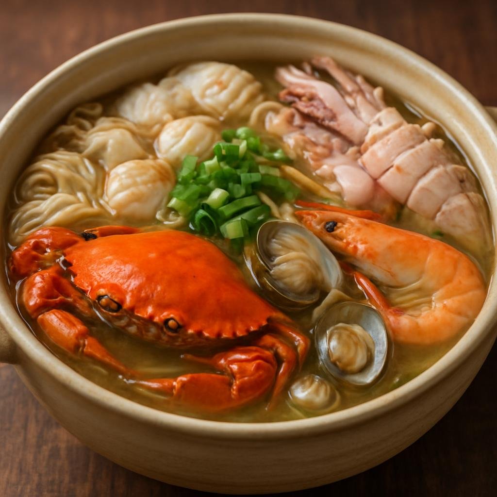 Entree: China – Guangxi – 北海海鲜火锅 ➤ Běihǎi hǎixiān huǒguō (Mixed seafood hotpot simmered in a fragrant ginger and scallion broth) recipe